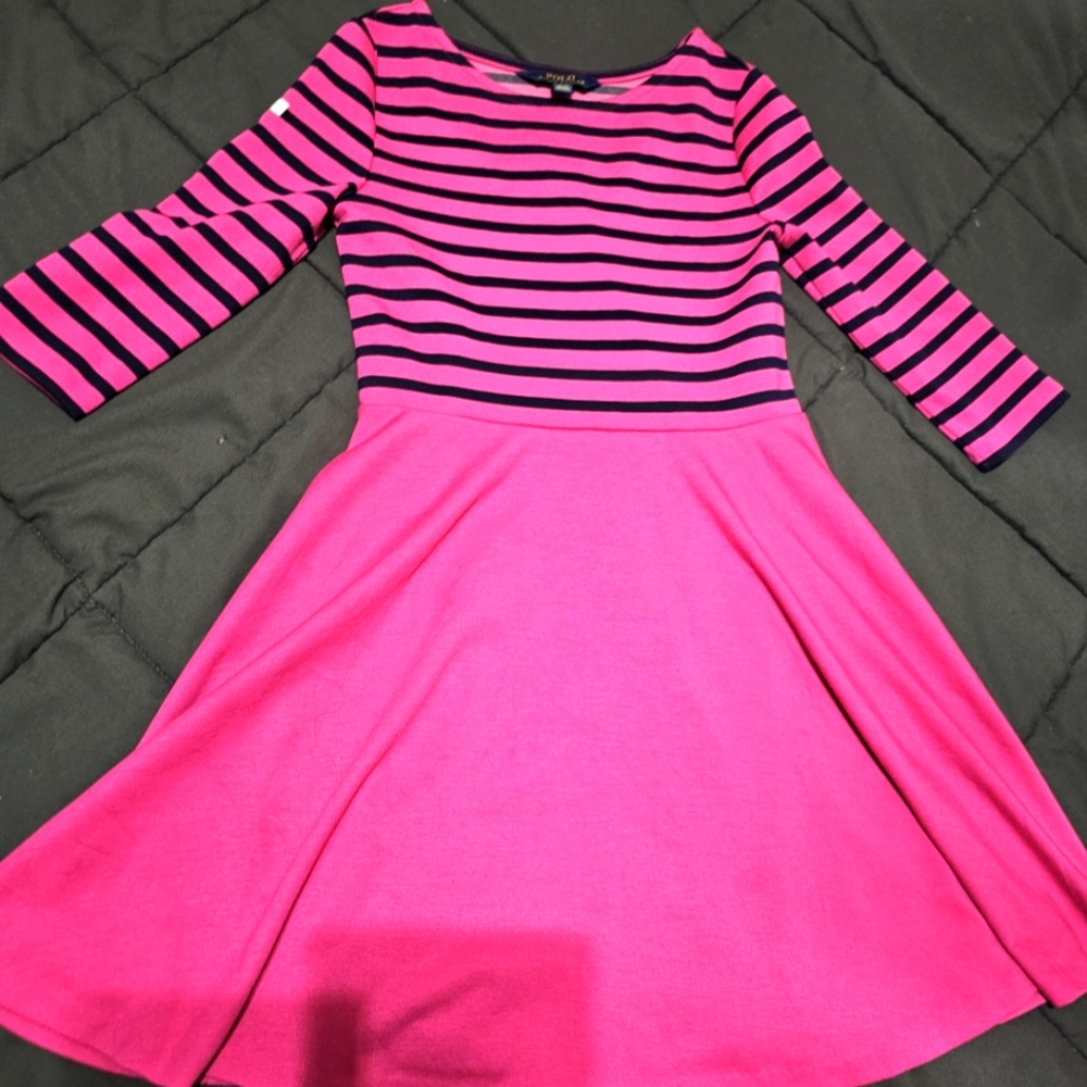 Classic Polo Ralph Lauren Pink and Navy Striped Kids 8-10 Dress 3/4 Sleeve